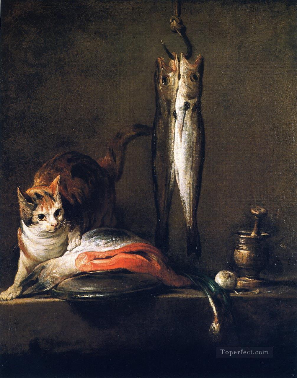 Katze mit Lachs Zwei Makrelen Stampfe und Mörtel Jean Baptiste Simeon Chardin Ölgemälde